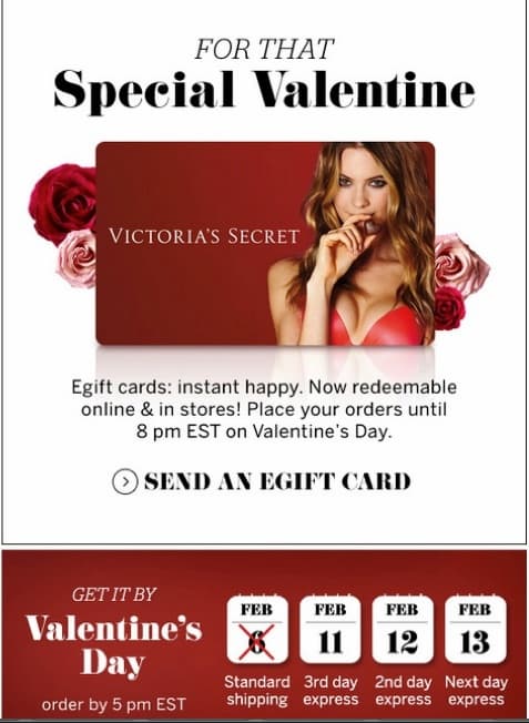 valentines e gift email example, victoria secret, marketing strategies for valentines day
