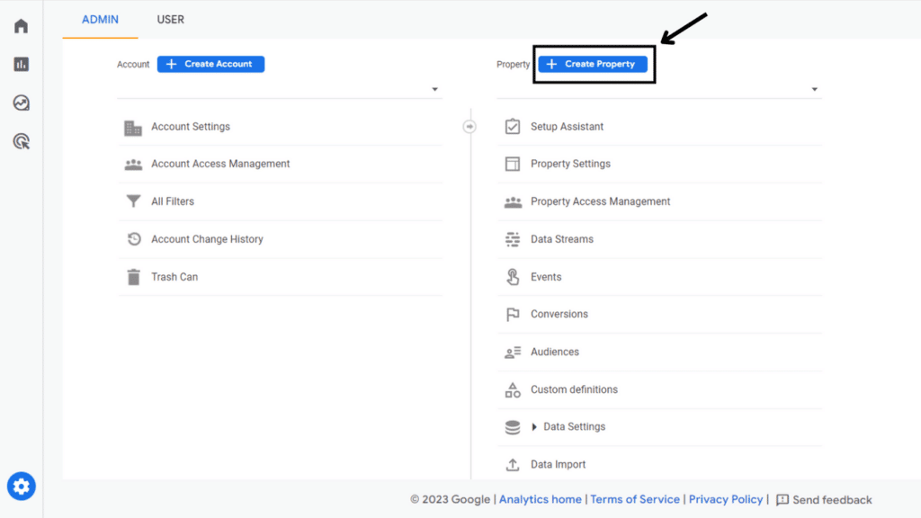 Screenshot of the create new property feature in GA4