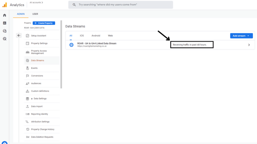 A screenshot of google analytics 4 data stream showing that data is recording