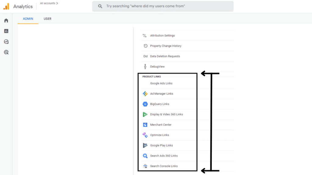 GA4 screenshot showing the product links feature