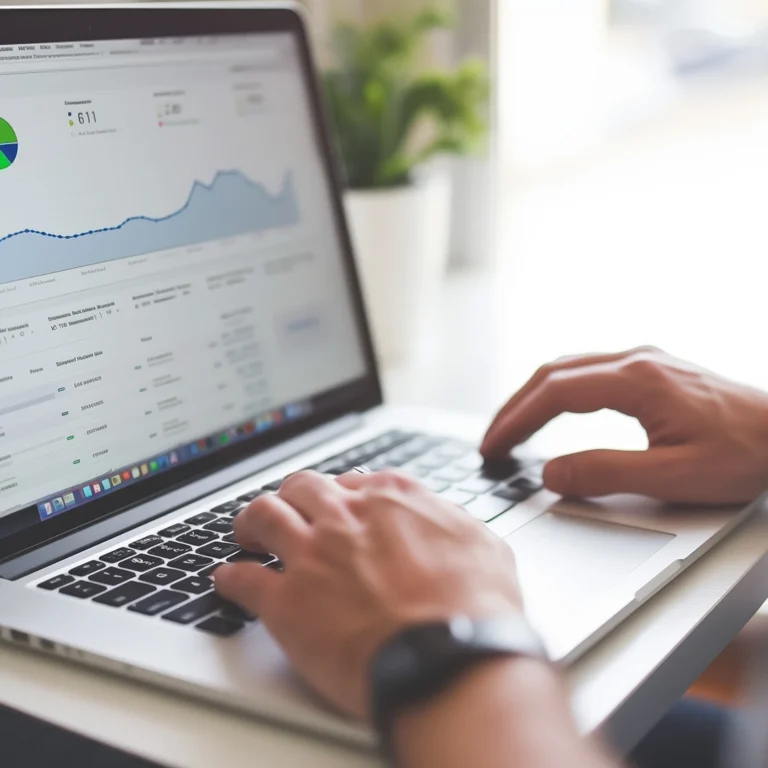 A person types on a laptop displaying a colourful graph, focused on their work.