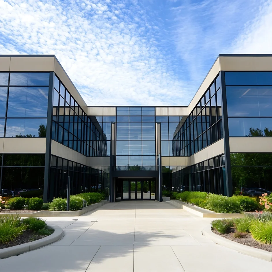 A large office building featuring expansive windows that reflect the surrounding environment.