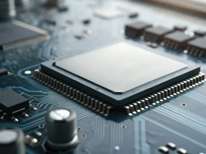 Close-up of a computer motherboard showcasing various electronic components like chips, capacitors, and connectors.