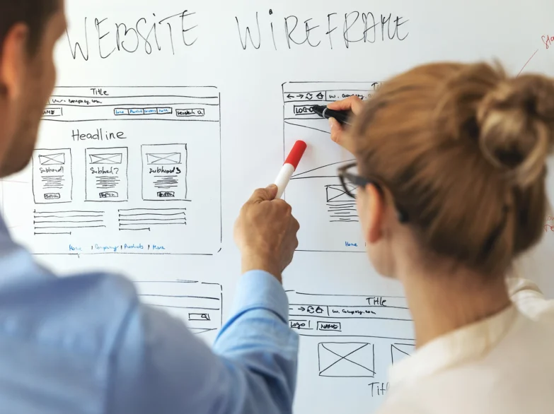 Website wireframe showcasing layout with sections for header, content, and footer, designed for user interface planning.