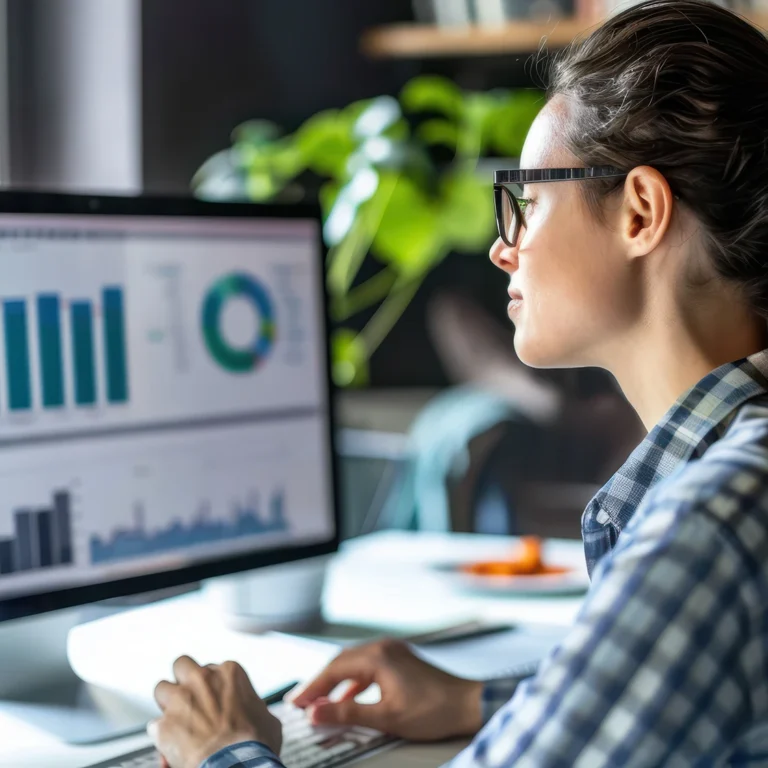 A woman analyses data on a computer, focusing on graphs displayed on the screen.