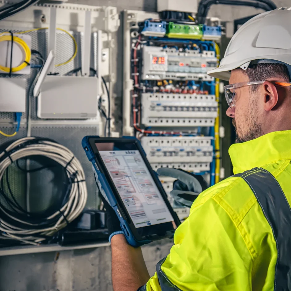A man in a hi-vis vest holds a tablet, focused on the screen, in a work environment.