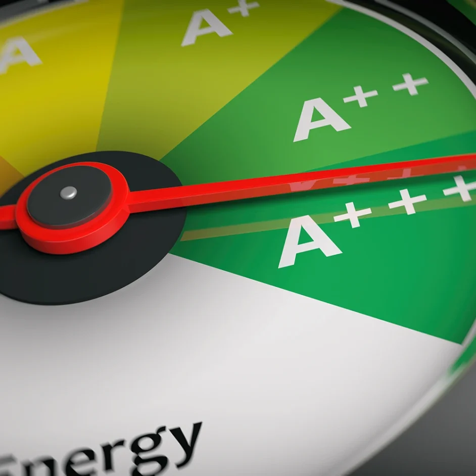 Energy efficiency meter displaying green, red, and yellow arrows indicating varying levels of energy usage.