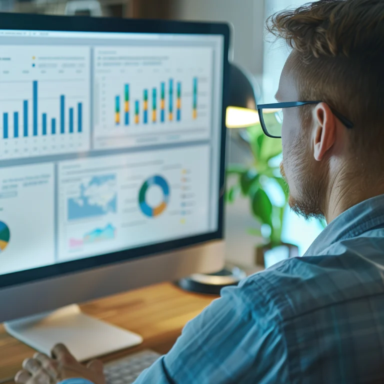 A man wearing glasses is focused on a computer screen displaying various graphs and data.