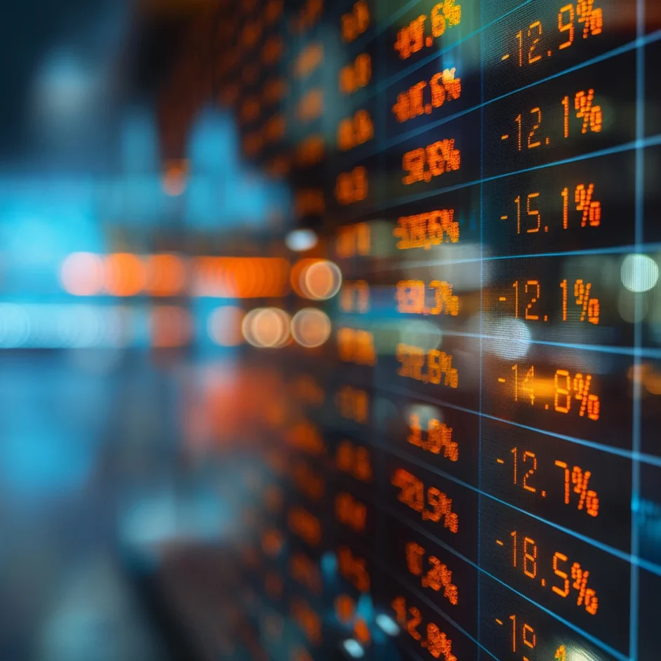 Stock market data displayed on a computer screen, featuring graphs and numbers indicating market trends.