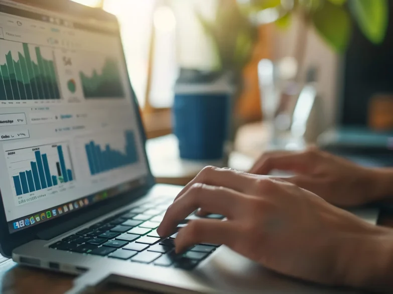 A person types on a laptop displaying various graphs, focused on their work in a bright, modern workspace.