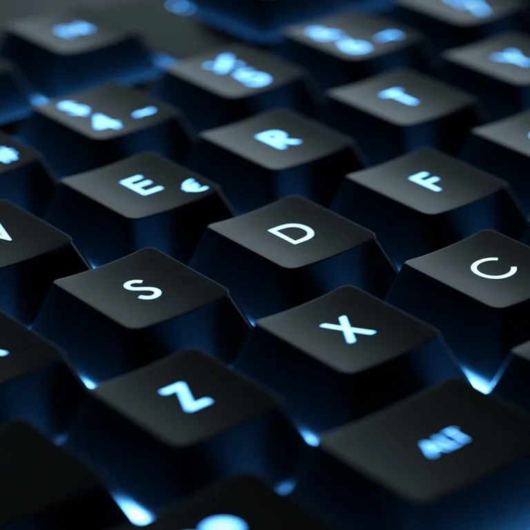 A close-up of a sleek black keyboard featuring vibrant, glowing keys.
