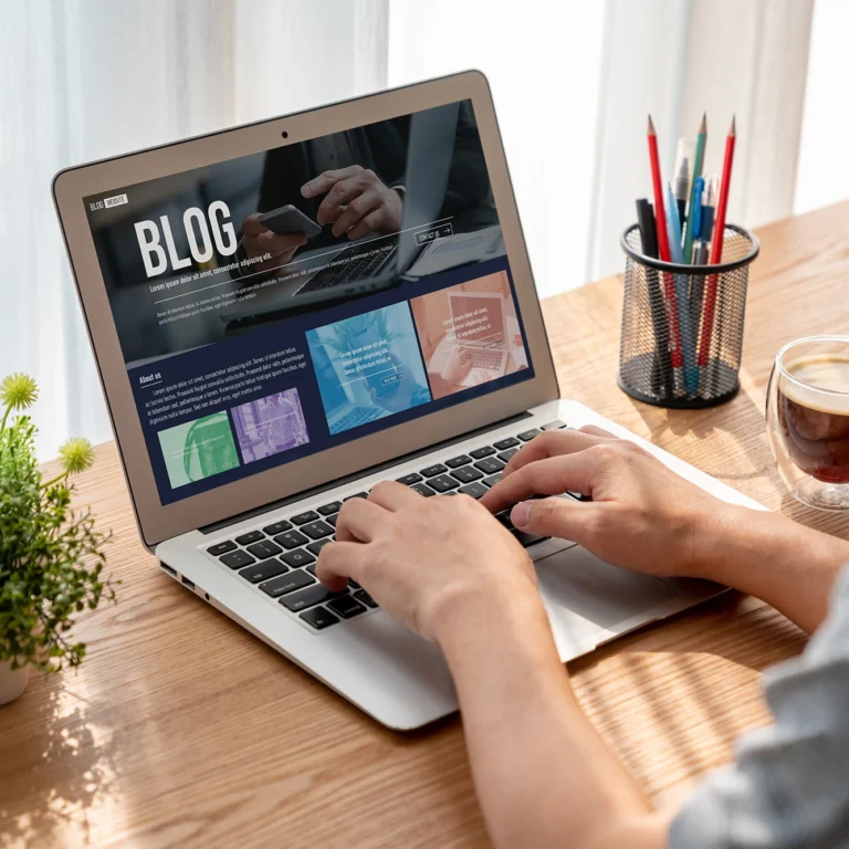 A man writing a blog on a laptop, featuring a notepad, and coffee cup on a desk.