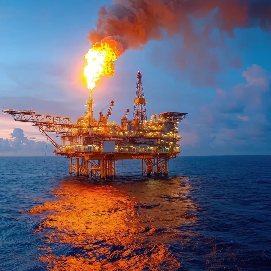Oil and gas platform in the ocean, showcasing industrial structures and equipment for energy extraction and production.