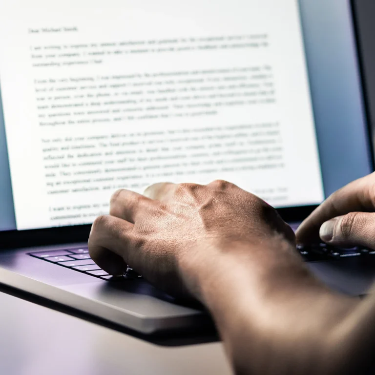 A person focused on typing on a laptop computer, with hands on the keyboard.