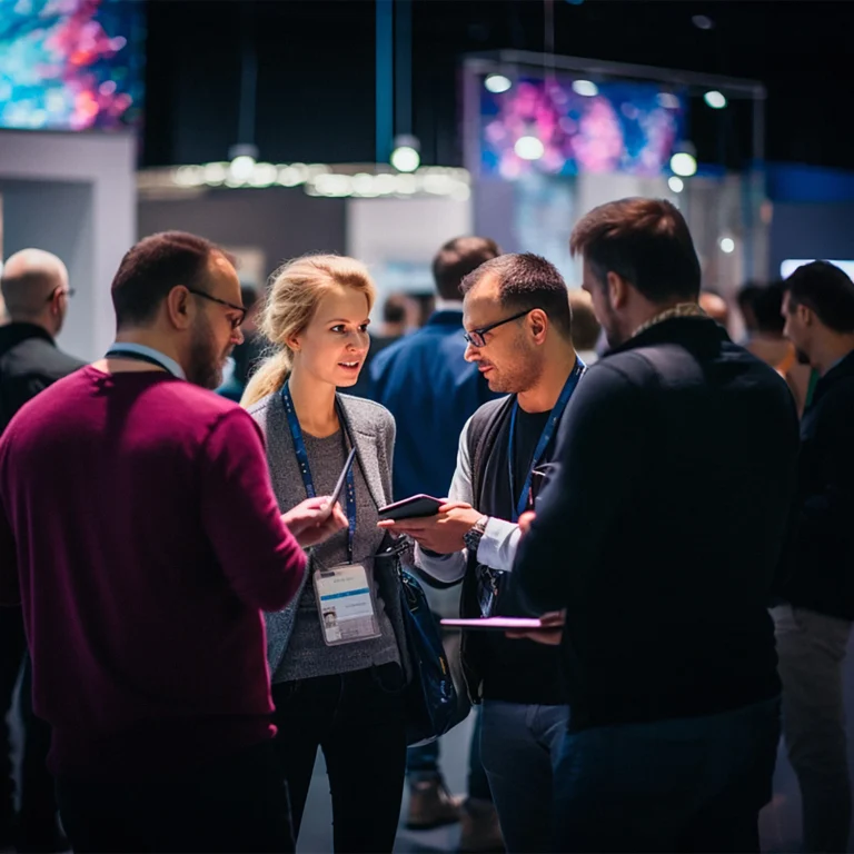 People are engaged in conversation at a lively business event, sharing ideas and enjoying each other's company.