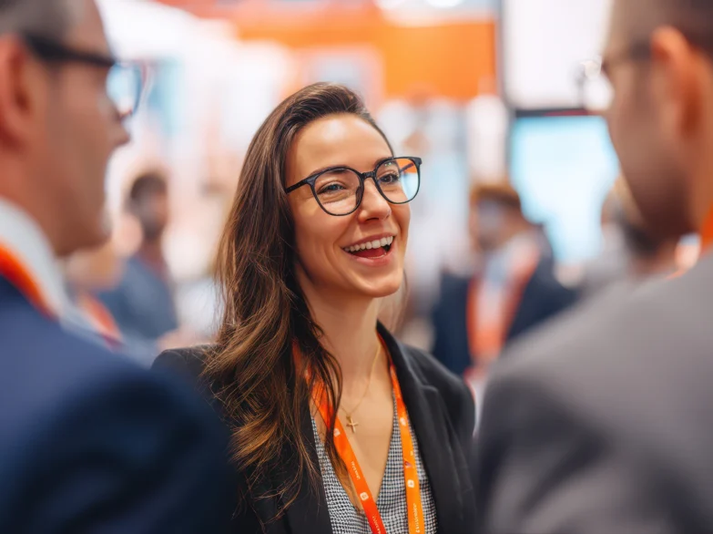 A woman in glasses engages in conversation with a group of people at a lively business event.