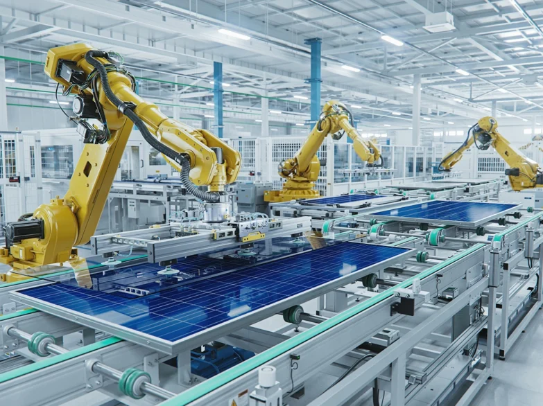 Robots assembling solar panels in a factory setting, showcasing advanced automation and renewable energy technology.