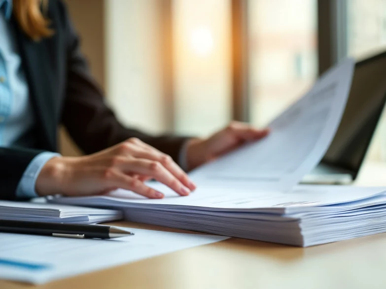 A woman in a business suit holds a piece of paper at her desk.