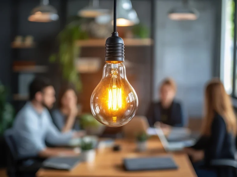 A light bulb hangs from the ceiling in a bright, modern meeting room.