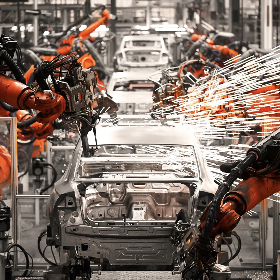 Image of robotic arms assembling car parts in a modern automotive factory, showcasing automation technology in action.