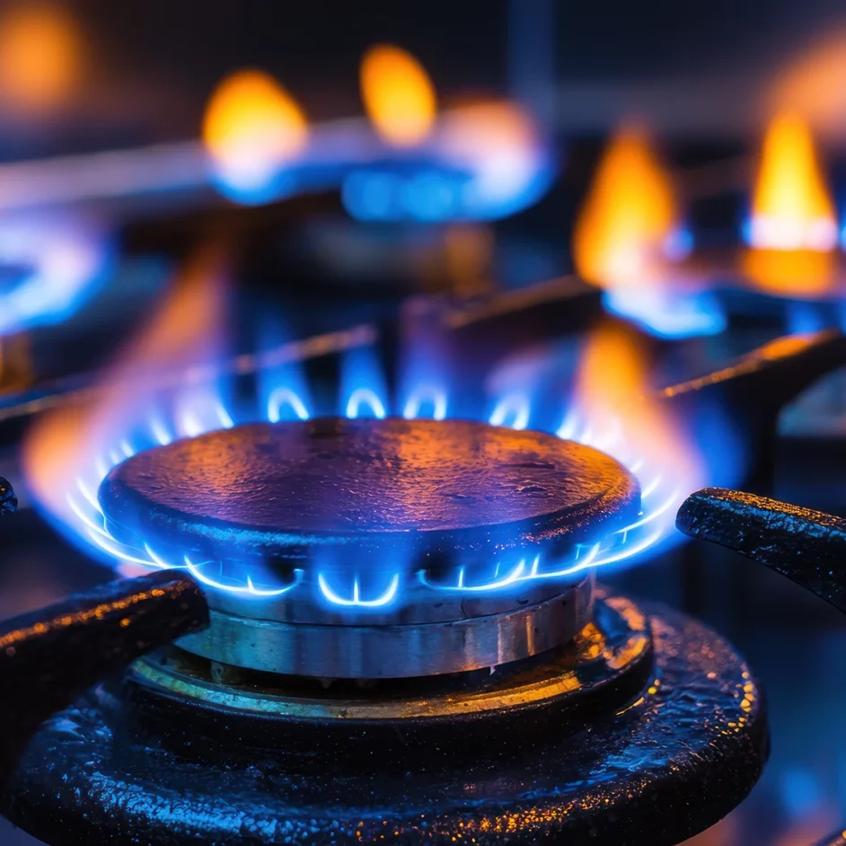 Close-up of vibrant blue flames dancing on a gas stove, illuminating the surrounding area with a warm glow.