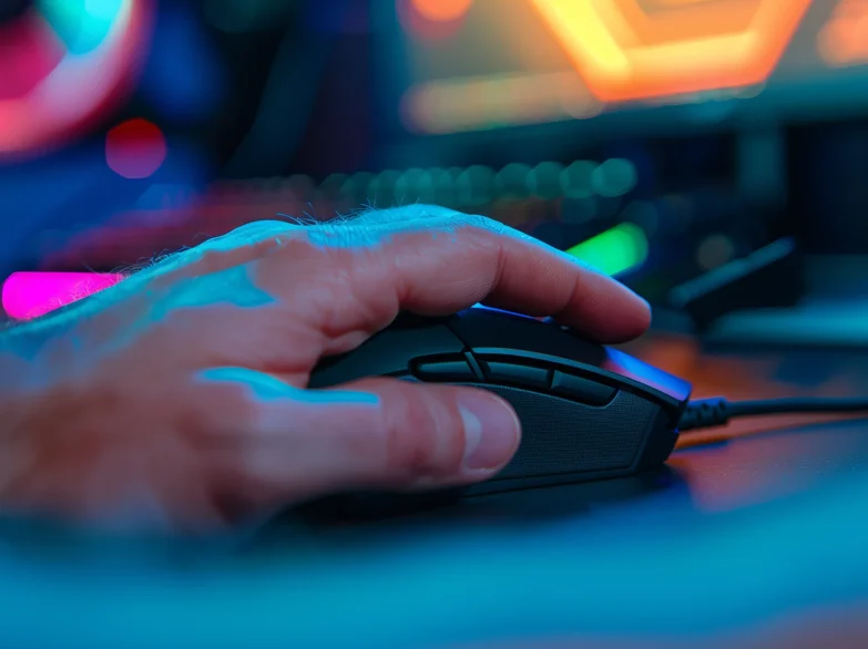 Close up of hand clicking a computer mouse.