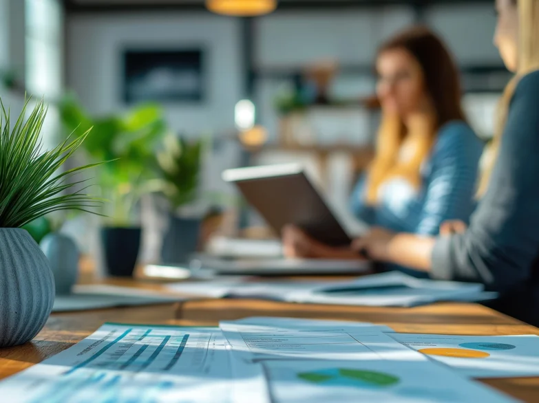 Two women collaborate at a table, surrounded by a laptop and papers, engaged in discussion and planning.