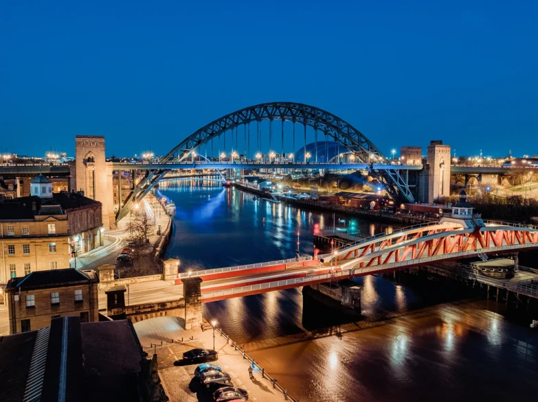 Night view of the Swing and Tyne Bridges in Newcastle upon Tyne.