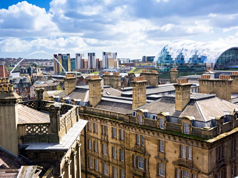 Aeriel view of the city of Newcastle upon Tyne looking over towards Gateshead.