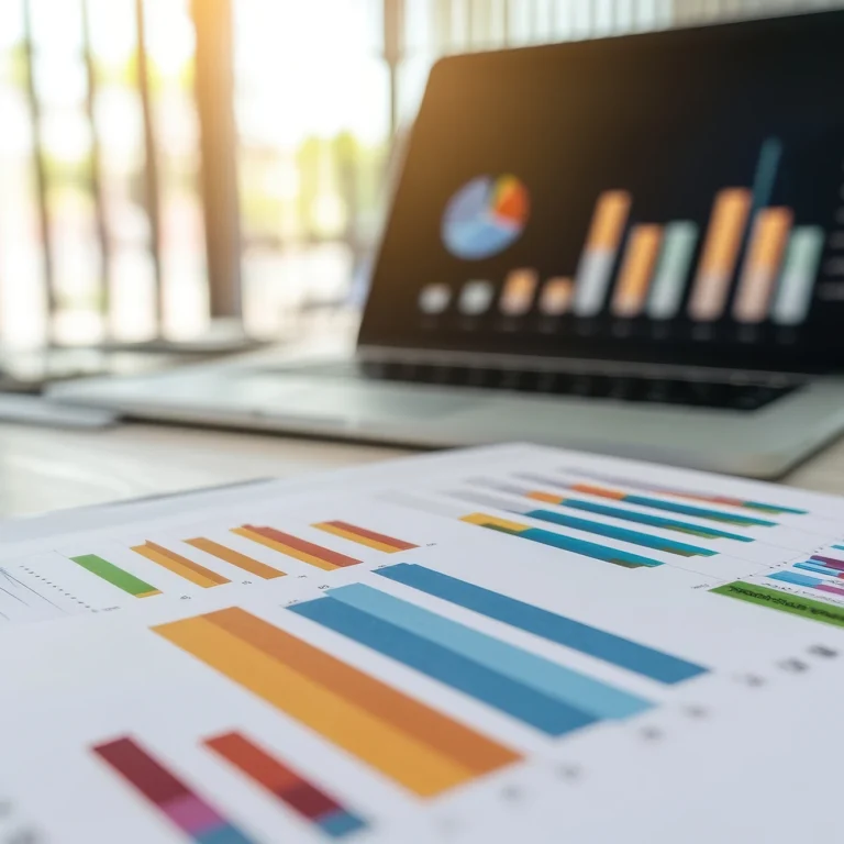 Business charts and graphs displayed on a desk, illustrating data analysis and financial performance.